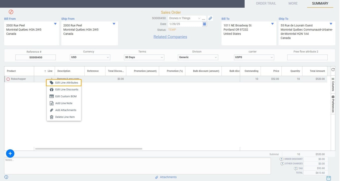 Adding attributes to transaction lines