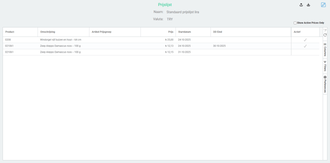 Prijslijst voorbeeld lira